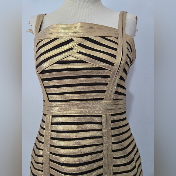 BCBG MAXAZARIA Gold And Black Striped Sleeveless Mini Dress. Size 6 - Picture 4 of 10